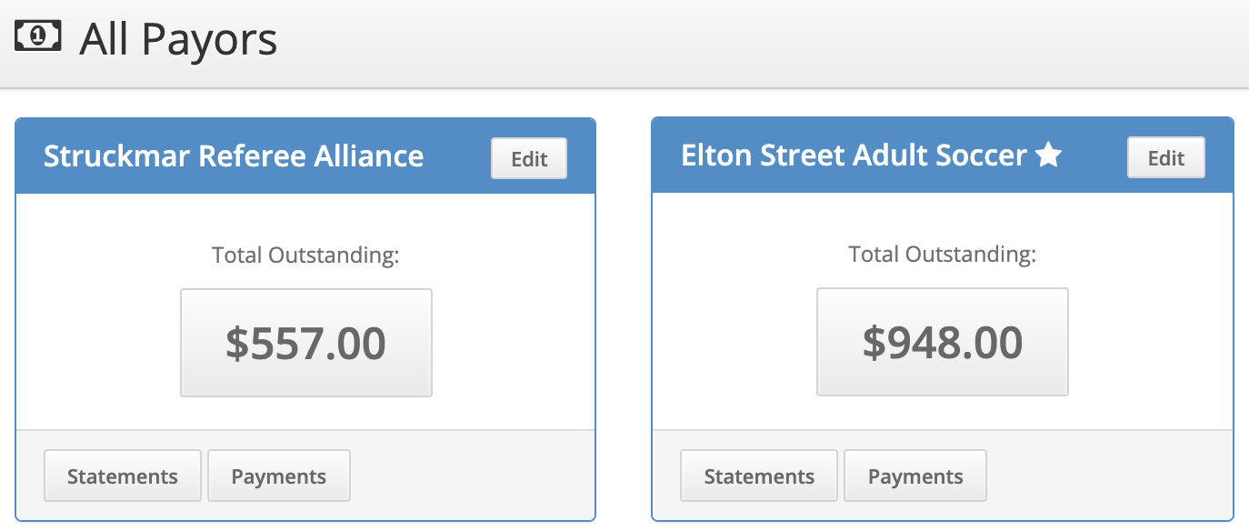 Screenshot showing multiple payors and amounts due.