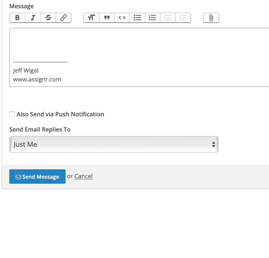 Assignr dialog showing the creation of a new message.