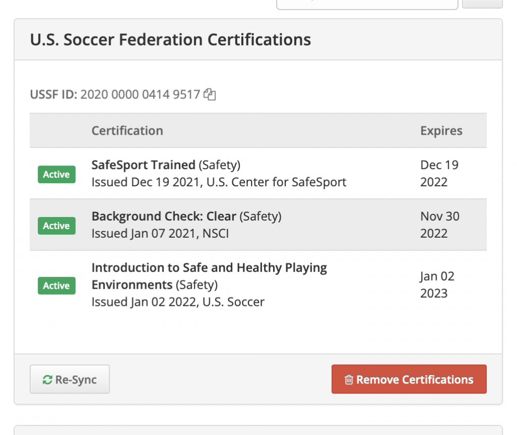 Screenshot of USSF Certifications