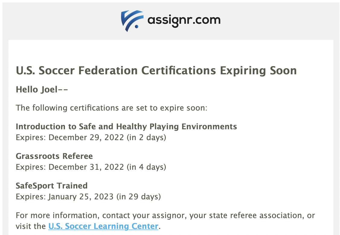 Screenshot of email reminder for expiring USSF referee certifications
