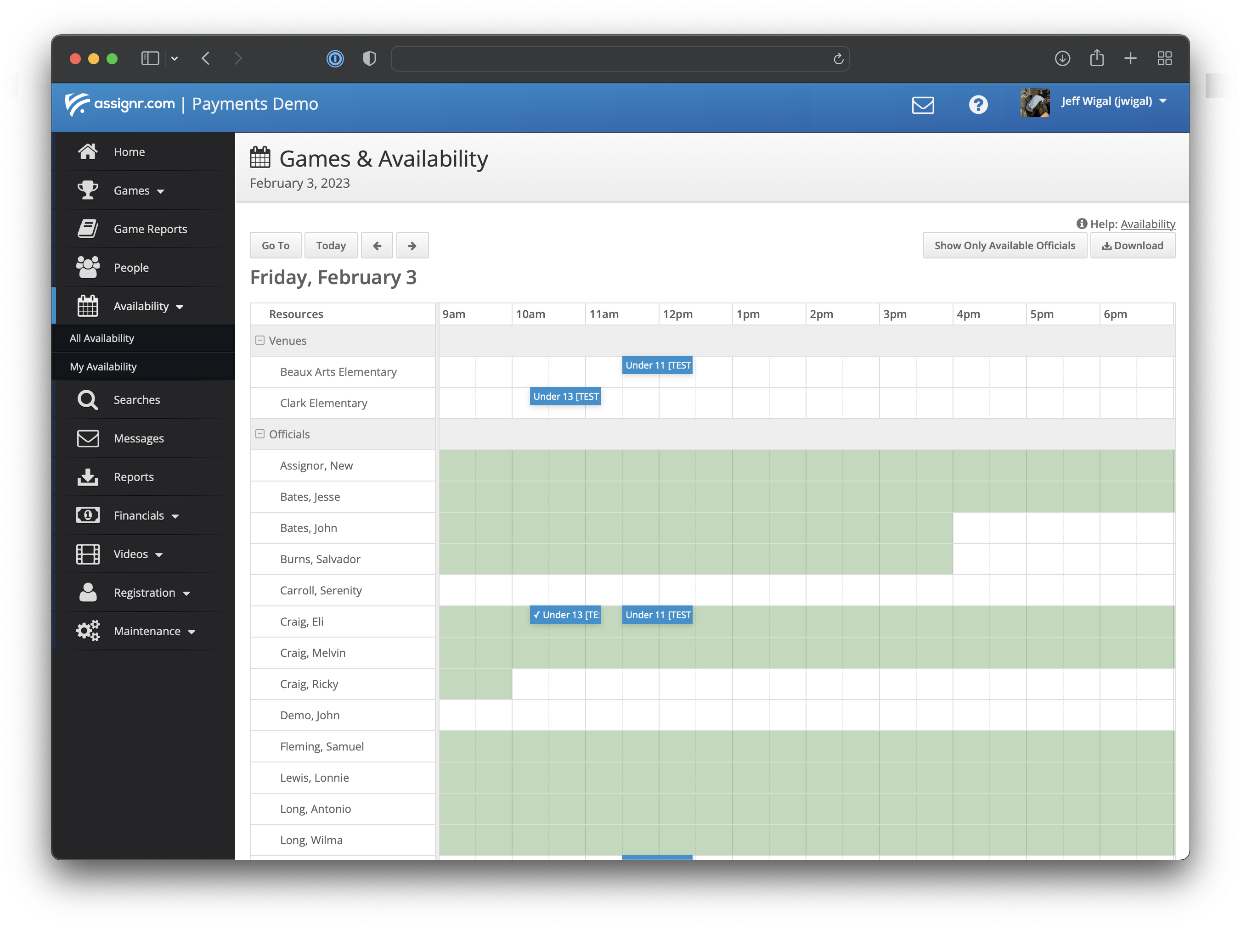 Screenshot of Assignr availability screen